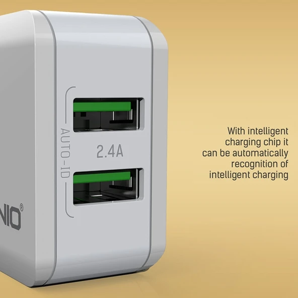 LDNIO A2201 2.4A Çift USB Seyahat Şarj Adaptörü Type-C Veri Kablosu ile ABD Prizi - 6