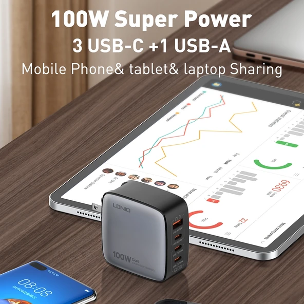 LDNIO Q408 100W GaN USB ve 3 USB-C Tipi UK Fişli Şarj Cihazı Siyah 1m 100W USB-C Veri Kablosu - 7