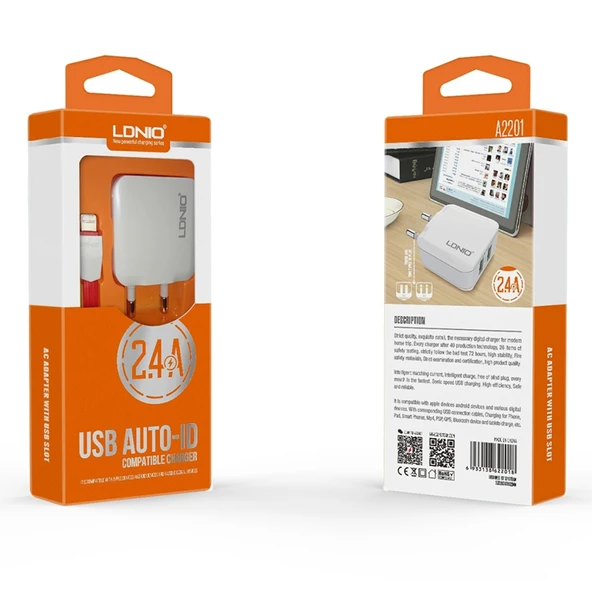 LDNIO A2201 2.4A Çift USB Seyahat Şarj Adaptörü 8 Pin Veri Kablosu ile ABD Prizi - 4
