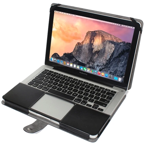 13.3 Inç MacBook Pro A1278 Deri Notebook Kılıfı Siyah Mandallı - 6
