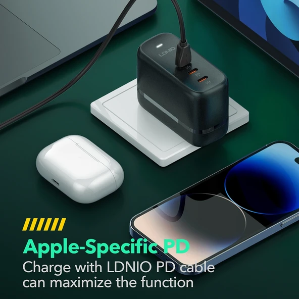 LDNIO Q367 65W GaN 3 Port USB C Hızlı Şarj Cihazı 1m USB C Veri Kablosu UK Priz Siyah - 8