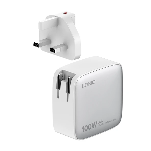 LDNIO Q408 100W GaN USB ve 3 USB-C Tipi Şarj Cihazı 1m 100W USB-C Veri Kablosu Beyaz UK Priz - 2