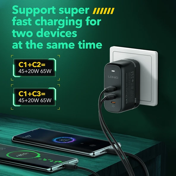 LDNIO Q367 65W GaN 3 Port USB C Hızlı Şarj Cihazı 1m USB C Veri Kablosu UK Priz Siyah - 9