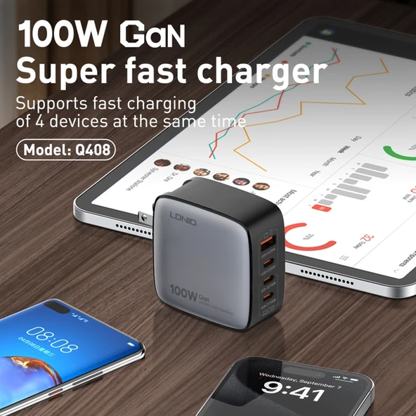 LDNIO Q408 100W GaN USB ve 3 USB-C Tipi UK Fişli Şarj Cihazı Siyah 1m 100W USB-C Veri Kablosu - 6