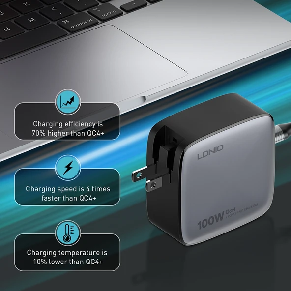 LDNIO Q408 100W GaN USB ve 3 USB-C Tipi Şarj Cihazı 1m 100W USB-C Veri Kablosu Beyaz UK Priz - 11