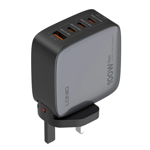 LDNIO Q408 100W GaN USB ve 3 USB-C Tipi UK Fişli Şarj Cihazı Siyah 1m 100W USB-C Veri Kablosu - 3