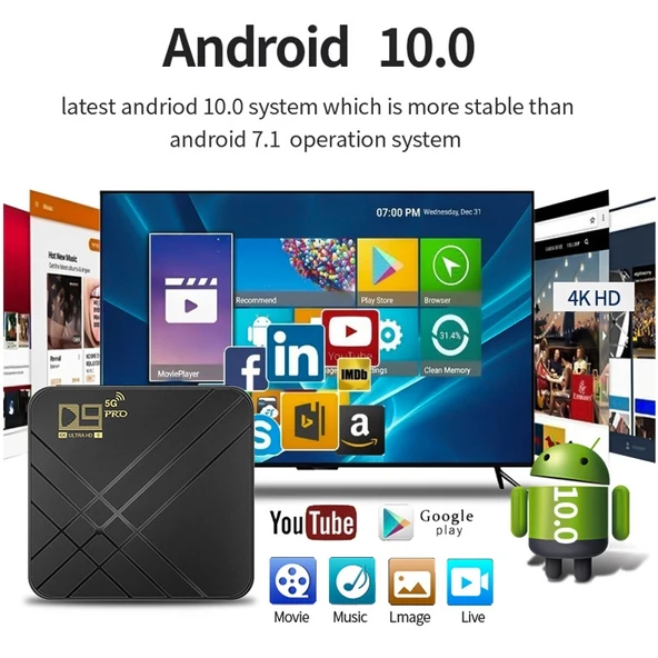 D9 PRO 4K HD Android TV Kutusu 8GB RAM 128GB Depolama 2.4G 5G WiFi UK Priz - 4