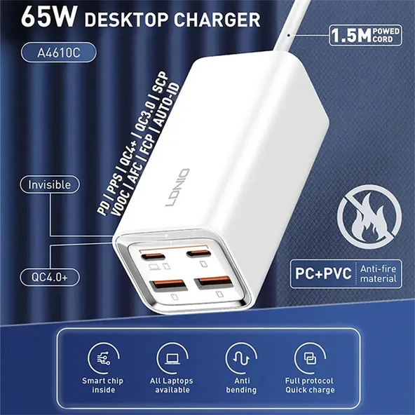 LDNIO A4610C PD65W Hızlı Şarj Cihazı Çift USB-C ve Çift USB Beyaz 1.5m Kablo EU Priz - 2