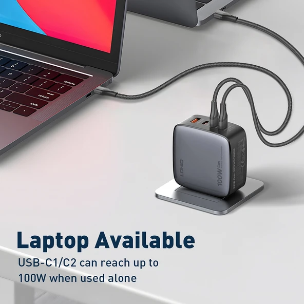 LDNIO Q408 100W GaN USB ve 3 USB-C Tipi Şarj Cihazı 1m 100W USB-C Veri Kablosu Beyaz UK Priz - 10