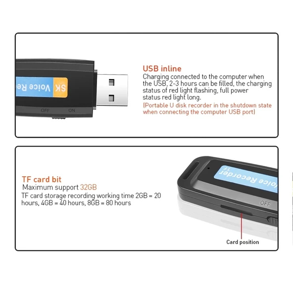 Profesyonel Şarjlı USB Dijital Ses Kayıt Kalemi Siyah 32GB TF Kart Destekli - 8
