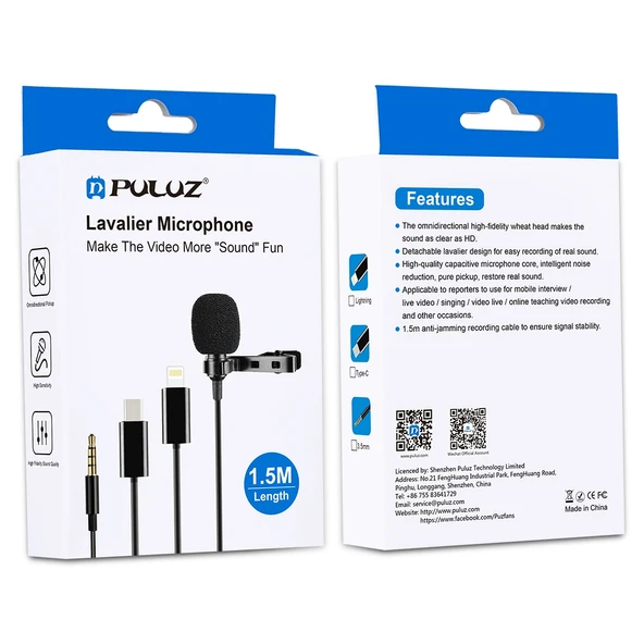 PULUZ 1.5 Metre 3.5mm Jack Kablolu Lavalier Kondansatör Kayıt Mikrofonu - 12