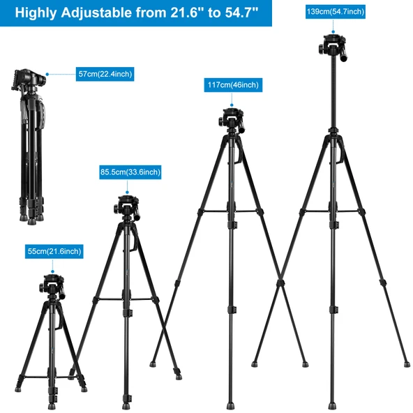 PULUZ Alüminyum Selfie Canlı Tripod Standı Üç Boyutlu Başlık ve Telefon Kelepçesi Siyah Ayarlanabilir Yükseklik 55-139cm - 3
