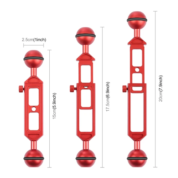 PULUZ 20cm Ayarlanabilir Alüminyum Alaşımlı Çift Top Kollu Dalış Aparatı Kırmızı 25mm Top Çapı 1 4 Vida - 3