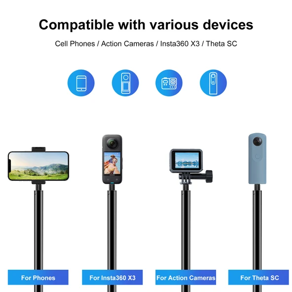 PULUZ 3 Metre Metal Selfie Çubuğu Monopod Insta360 One RS X2 X3 X4 Siyah - 5