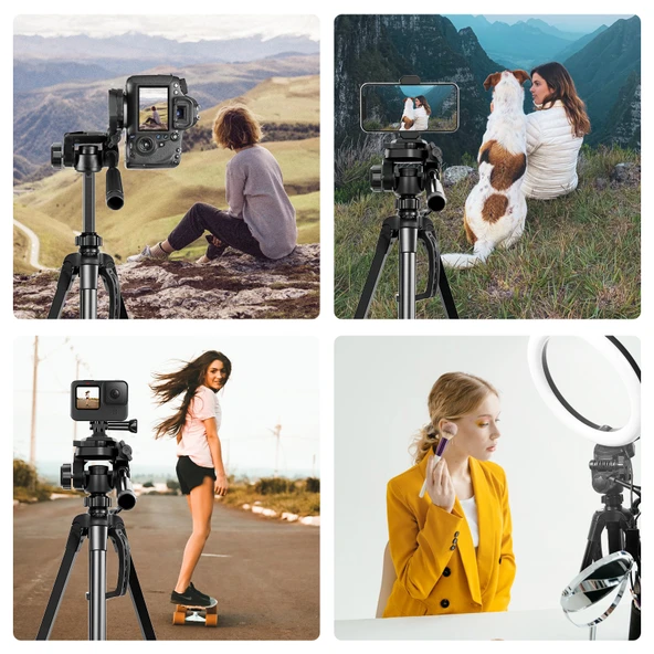 PULUZ Alüminyum Selfie Canlı Tripod Standı Üç Boyutlu Başlık ve Telefon Kelepçesi Siyah Ayarlanabilir Yükseklik 55-139cm - 9