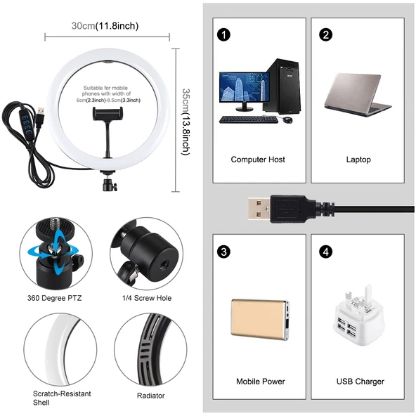 PULUZ 30cm USB 3 Modlu Ayarlanabilir Çift Renk Sıcaklığı LED Kavisli Yüzük Işık Siyah Telefon Tutuculu - 3