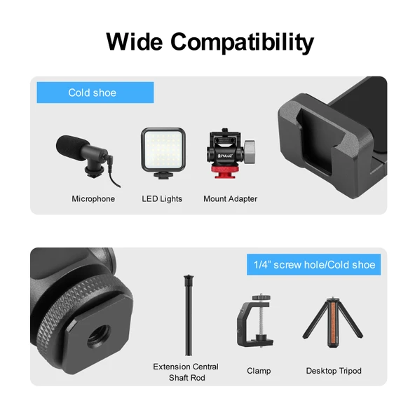 PULUZ Siyah Alüminyum Alaşımlı Tripod Kafası Soğuk Ayakkabı Telefon Tutucu - 5