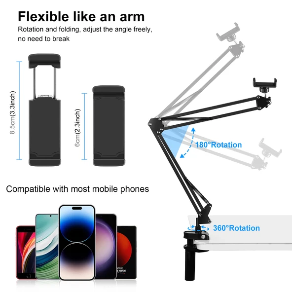 PULUZ Canlı Yayın Masaüstü Ayarlanabilir Kol Telefon Tutucu Siyah - 3