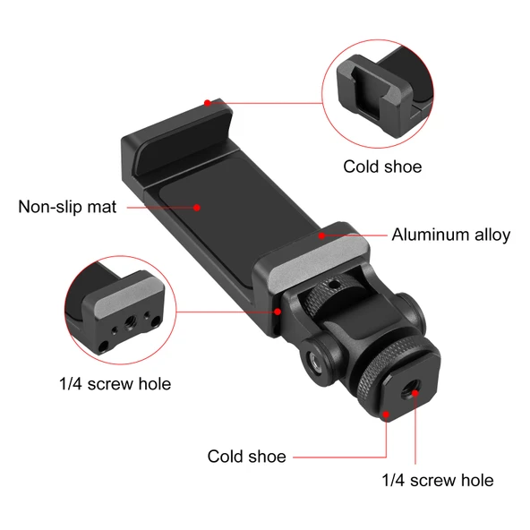 PULUZ Siyah Alüminyum Alaşımlı Tripod Kafası Soğuk Ayakkabı Telefon Tutucu - 3