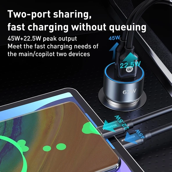 MOMAX UC16E 67W USB C ve USB Çift Portlu Araç Şarj Cihazı - 5