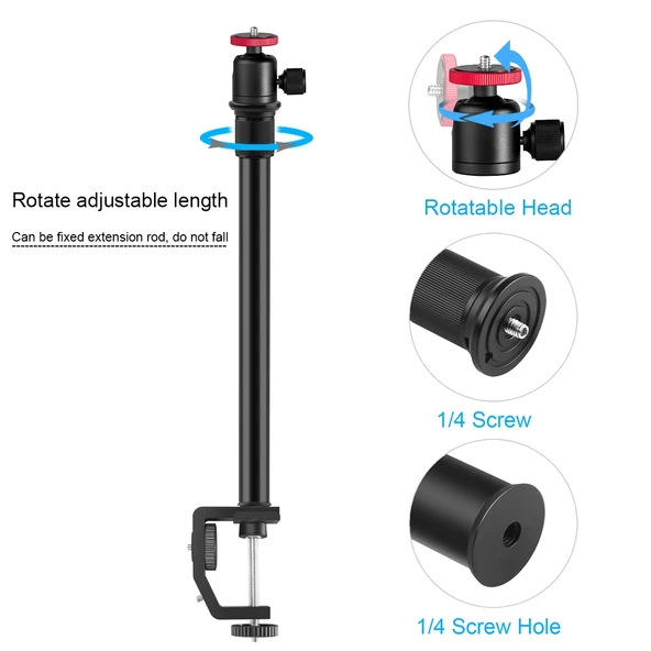 PULUZ C Kelepçe Montajlı Işık Standı Uzatma Merkezi Mili Çubuk Monopod Tutucu Seti Top Başlıklı 33-60cm Siyah - 4