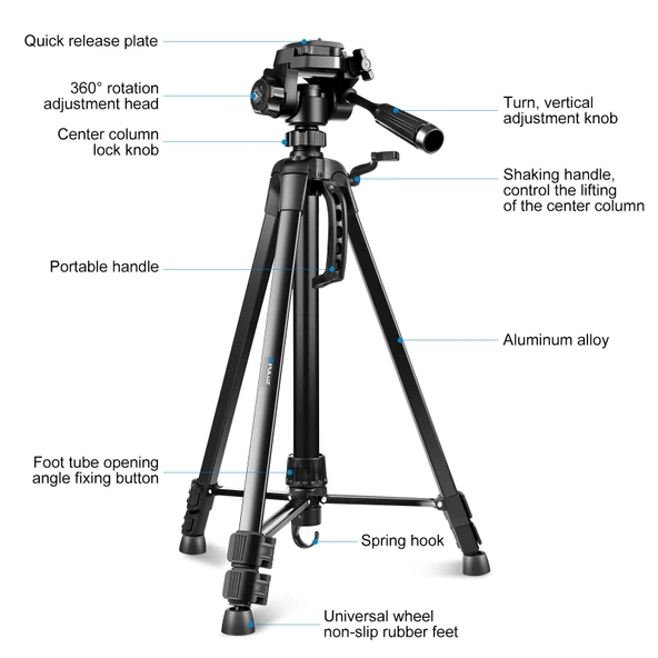 PULUZ Alüminyum Selfie Canlı Tripod Standı Üç Boyutlu Başlık ve Telefon Kelepçesi Siyah Ayarlanabilir Yükseklik 55-139cm - 5