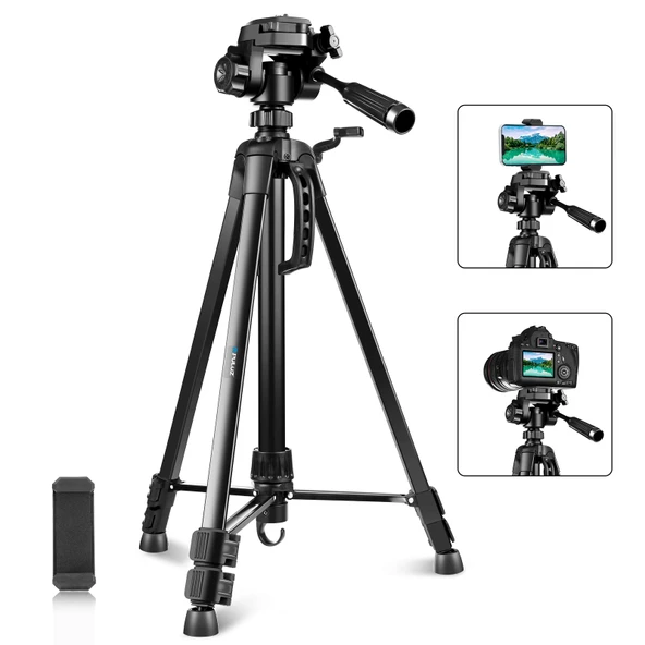 PULUZ Alüminyum Selfie Canlı Tripod Standı Üç Boyutlu Başlık ve Telefon Kelepçesi Siyah Ayarlanabilir Yükseklik 55-139cm