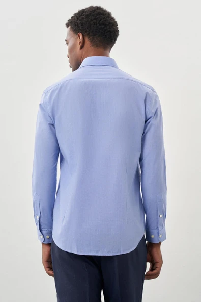 Mavi Uzun Kol Filafil Desen Filafil Sert Yaka Cepsiz Pamuklu Basic Slim Fit Gömlek 1004250008_302 - 3