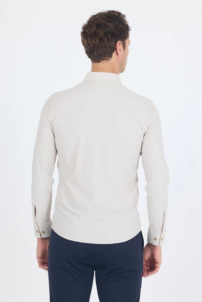 Taş Rengi Smart Düğmeli Yaka Uzun Kol Cepsiz Slim Fit Esnek Gömlek Gömlek 1004250252 - 5