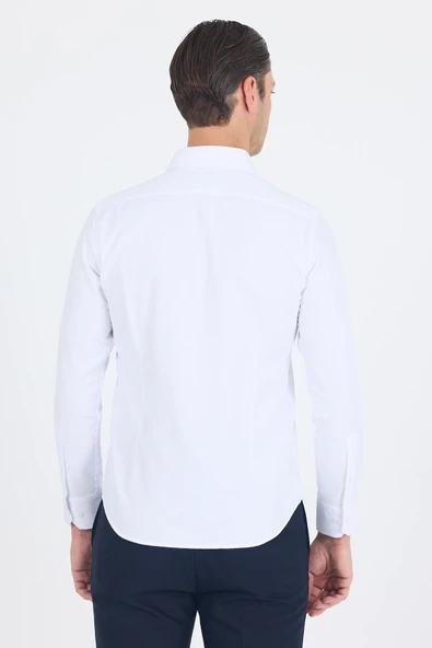 Beyaz Sert Yaka Düz Classic Pamuklu Slim Fit Gömlek 1004250214 - Resim 5