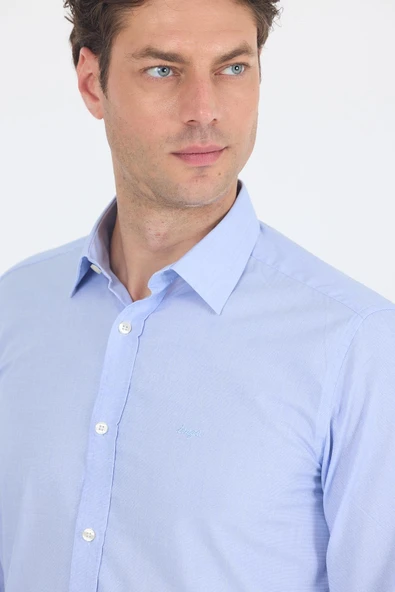 Mavi Uzun Kol Filafil Desen Filafil Sert Yaka Cepsiz Pamuklu Basic Slim Fit Gömlek 1004250008_304 - Resim 4