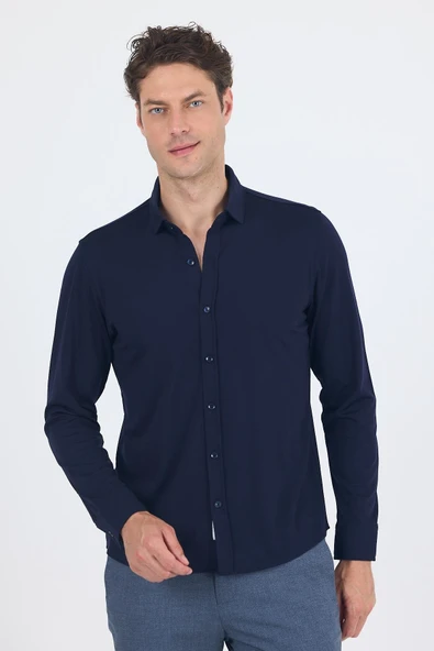 Koyu Lacivert Uzun Kol Düz Örme Polo Yaka Cepsiz Esnek Classic Slim Fit Gömlek 1004250153_200 ürün görseli