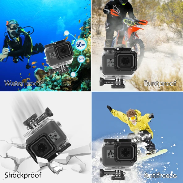 GoPro HERO5 Uyumlu 60 Metre Su Geçirmez Dalış Koruyucu Kılıf Mandallı Temel Montaj ve Vida - 6