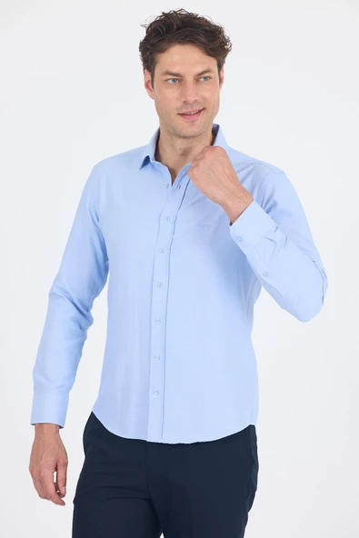 Mavi Sert Yaka Düz Classic Pamuklu Slim Fit Gömlek 1004250214 - Resim 3