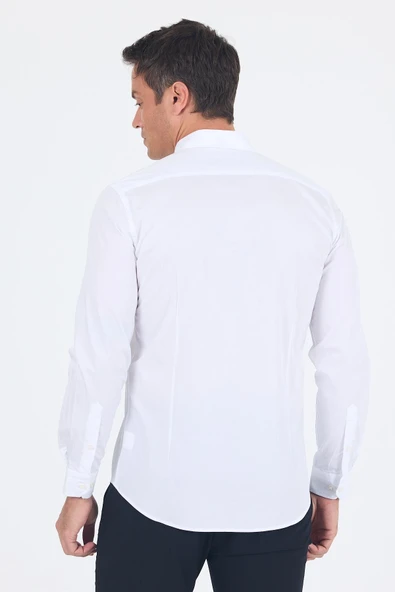 Beyaz Smart Biritli Yaka Cepsiz Bez Ayağı Uzun Kol Slim Fit %100 Pamuk Gömlek 1004250223 - Resim 5