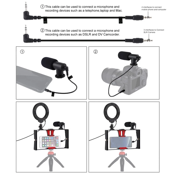 PULUZ 3 in 1 Vlogging Canlı Yayın Akıllı Telefon Video Rig Seti Kırmızı Mikrofonlu 12cm Halka LED Selfie Işığı Soğuk Ayaklı Tripod Başlığı ile - 7