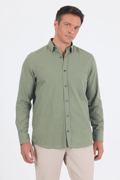 Koyu Haki Uzun Kol Düz Armür Oval Yaka Casual Comfort Fit Gömlek 1004250249 - Resim 3