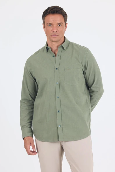 Koyu Haki Uzun Kol Düz Armür Oval Yaka Casual Comfort Fit Gömlek 1004250249 ürün görseli