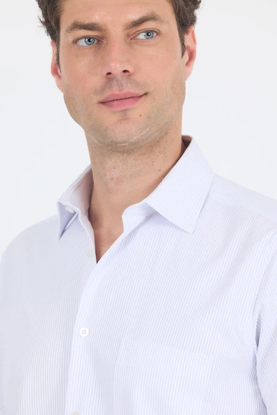 Beyaz-Mavi Sert  Yaka Kısa Kol Cepli  Comfort Fit Cls Gömlek 1004250262 - Resim 4