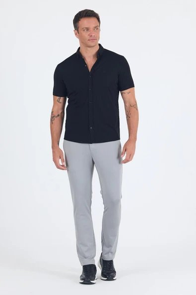 Siyah italyan Düğmeli Yaka Kısa Kol Cepsiz Slim Fit Gömlek 1004250255 - Resim 2