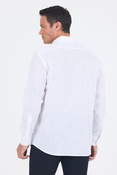 Beyaz Uzun Kol Düz Armür Oval Yaka Casual Comfort Fit Gömlek 1004250249 - Resim 5