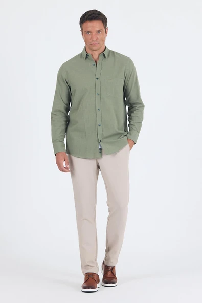 Koyu Haki Uzun Kol Düz Armür Oval Yaka Casual Comfort Fit Gömlek 1004250249 - Resim 2