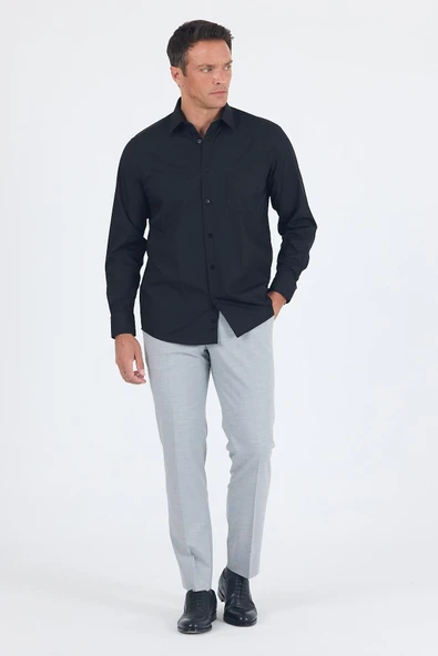 Siyah Uzun Kol Düz Bez Ayağı Sert Yaka Cep 30 Pamuklu Basic Comfort Fit Gömlek 1004250051_001 - 2