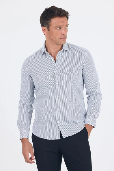 Uzun Kol Çizgili Desen Bez Ayağı İtalyan Yaka Cepsiz Pamuklu Classic Slim Fit Gömlek 1004250180 ürün görseli 1