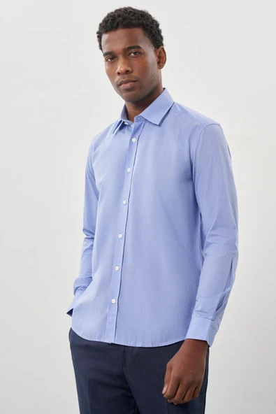 Mavi Uzun Kol Filafil Desen Filafil Sert Yaka Cepsiz Pamuklu Basic Slim Fit Gömlek 1004250008_302 - 5