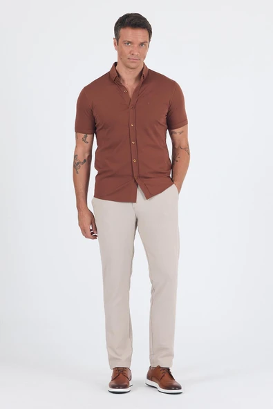 Kiremit italyan Düğmeli Yaka Kısa Kol Cepsiz Slim Fit Gömlek 1004250255 - Resim 2