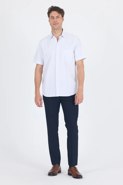 Beyaz-Mavi Sert  Yaka Kısa Kol Cepli  Comfort Fit Cls Gömlek 1004250262 - Resim 2