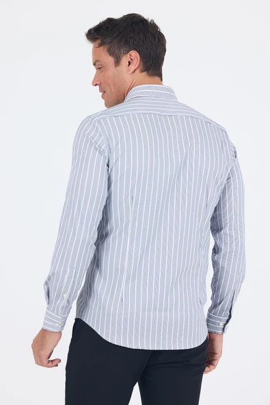 Koyu Lacivert Uzun Kol Yarım İtalyan Yaka Cepsiz Easy To Iron Slim Fit Esnek Gömlek 1004250227 - Resim 5