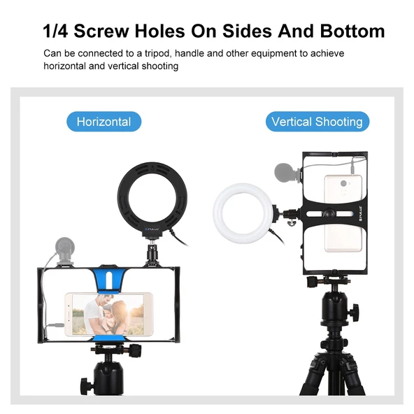 PULUZ 2'si 1 Arada Vlogging Canlı Yayın Akıllı Telefon Video Rig ve 12cm 4.7 inç Mavi Halka LED Selfie Işığı Kiti Soğuk Ayak Tripod Başlığı ile - 7