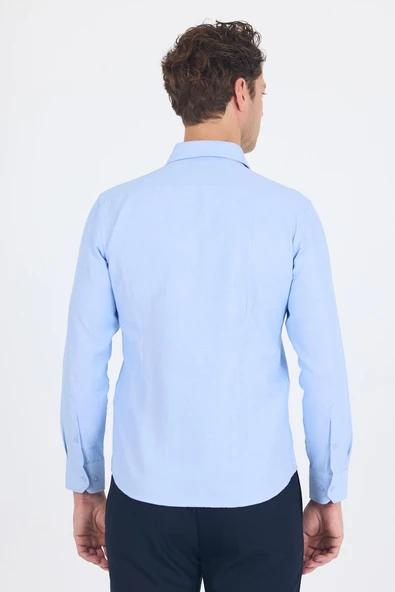 Mavi Sert Yaka Düz Classic Pamuklu Slim Fit Gömlek 1004250214 - Resim 5